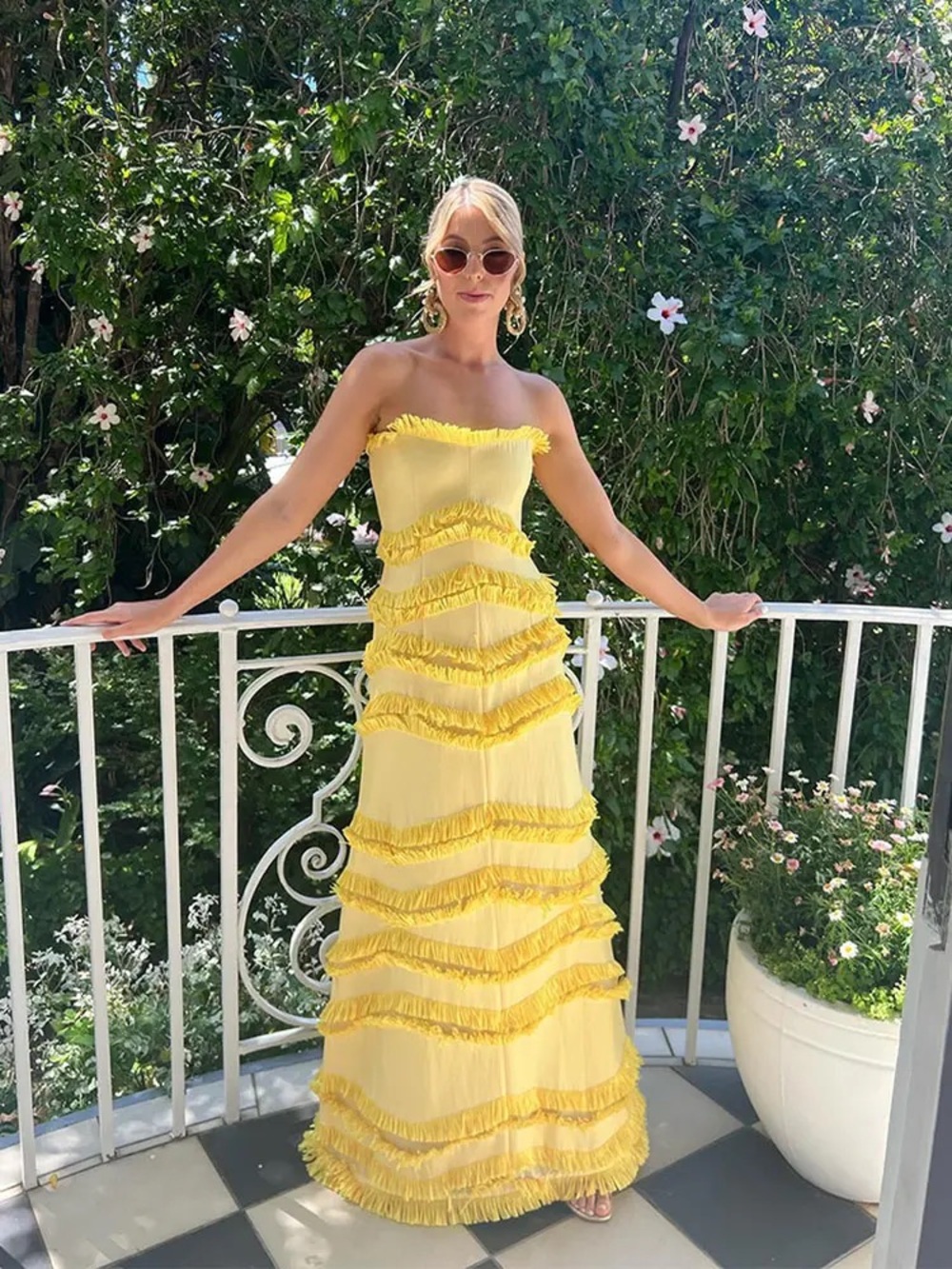 Alexis Strapless Yellow Fringe Maxi Dress